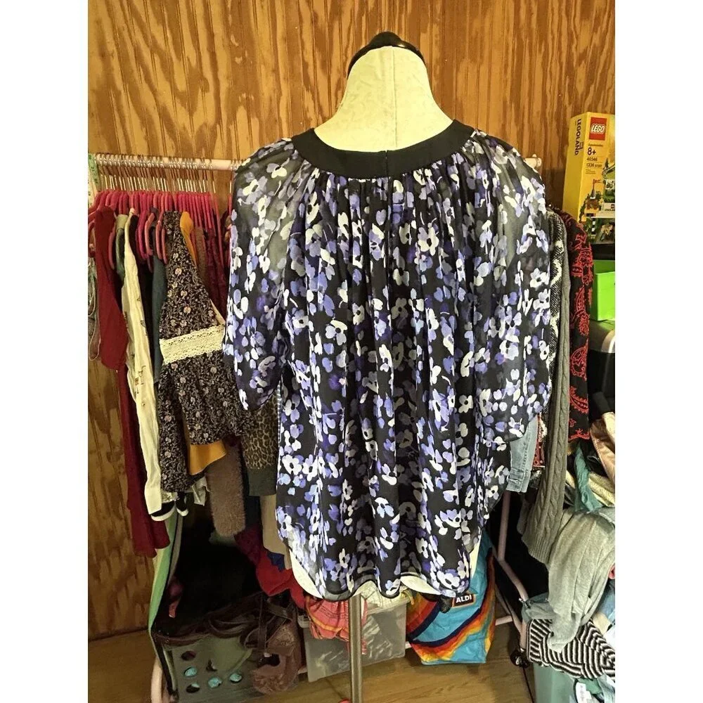 kate Spade New York Hydrangea Silk Chiffon Floral Swing Top S Purple‎ & Black